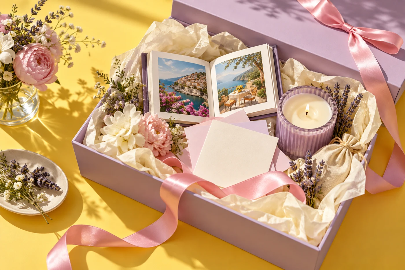 Illustrative lilac gift hamper with ribbon, a candle and keepsakes